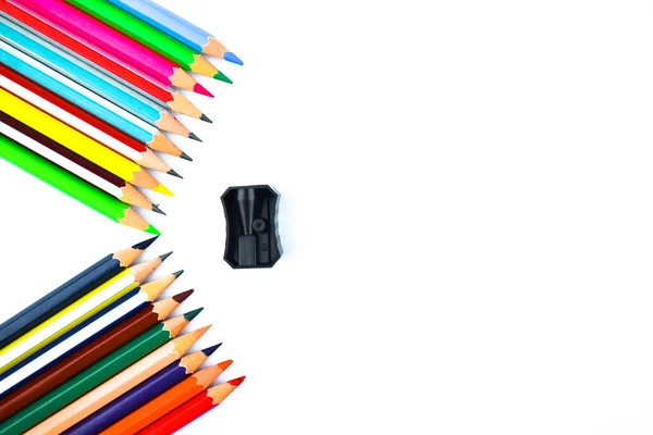 Different Colored Wood Pencil Crayons Pointing Black Color Plastic Pencil — Stock Photo, Image