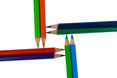 Beyaz izole bir arka planda sekiz farklı renkte tahta kalem boyası kare şeklinde.