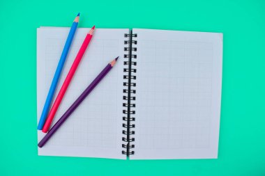 Kağıt günlüğün üzerine üç farklı renkte tahta kalem yerleştirilmiş.