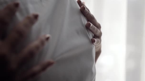 Beautiful Female Hands Hug Beloved Man Shoulders Hug Him Close — Stock Video