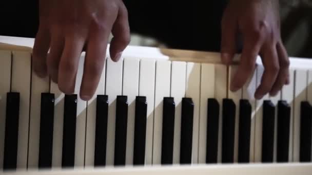 Mens Speelt Piano Een Donkere Kamer Witte Zwarte Toetsen — Stockvideo