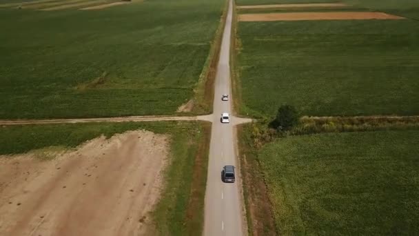 Trois voitures multicolores roulent le long d'une route asphaltée plate sans trafic venant en sens inverse, entre deux prairies vertes, vue aérienne 