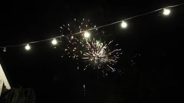 Een Mooi Groot Kleurrijk Vuurwerk Aan Nachtelijke Hemel Een Late — Stockvideo