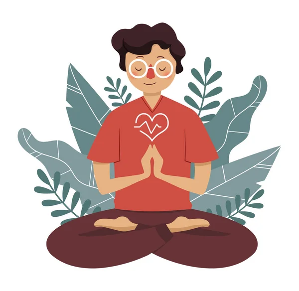 Gözlüklü ve kırmızı tişörtlü bir adam doğada meditasyon yapıyor ve gidiyor. Yoga, meditasyon, rahatlama, dinlenme, sağlıklı yaşam tarzı kavramları. Çizgi film tarzında şirin vektör çizimi. EPS10