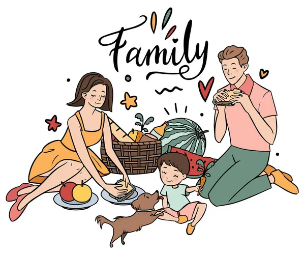 Baba, anne, oğul ve köpek pikniğin tadını çıkarıyor. Çocuklar için yemek ve oyuncaklarla birlikte yerde oturup sandviç yiyorlar. Düz bir şekilde vektör illüstrasyonu