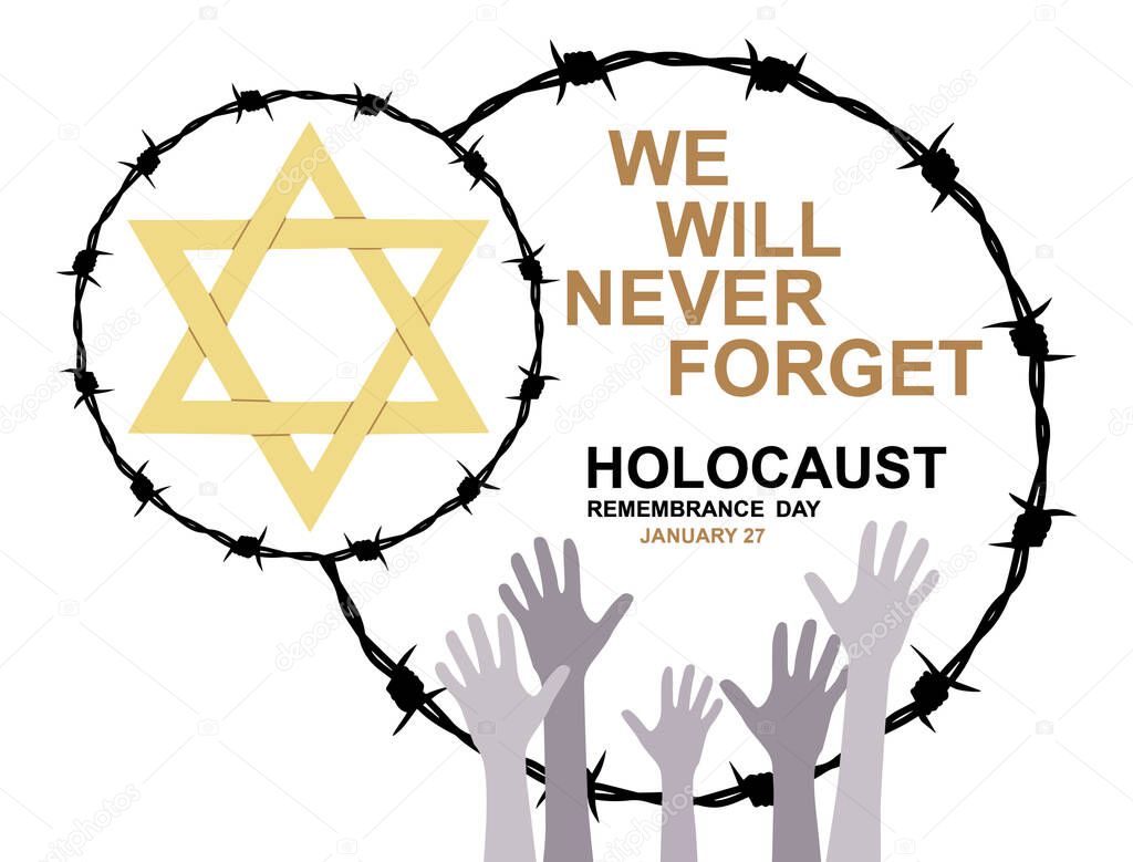 International Holocaust Remembrance Memorial Day, Yellow Star of David International Day of Fascist Concentration Camps and Ghetto Prisoners Liberation card. Barbed wire. We will never forget