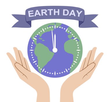 22 Nisan Çevre Güvenliği Günü 'nüz kutlu olsun. Dünyayı kurtar. İki el dünyayı saatle tutuyor. Kıyamet günü. Beyaz arka planda izole edilmiş. Düz stil. Vektör İllüstrasyonu.