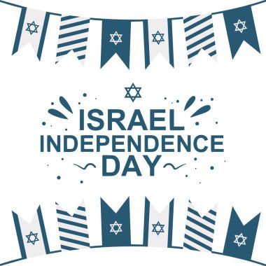 İsrail 'in bağımsızlık günü ulusal bayram düz tasarım bayrakları İngilizce yazılmış ve David yıldızı beyaz arka planda izole edilmiş. Poster, kart ya da davetiye tasarımı. Vektör çizimi. EPS 10 biçimi