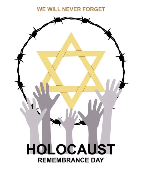 Uluslararası Soykırım Anma Günü vektörü, 27 Ocak Anma Günü. 2. Dünya Savaşı Anma Günü. Davut 'un Sarı Yıldızı Getto ve Toplama Kampları' nı ve kurbanların el siluetlerini kullandı..