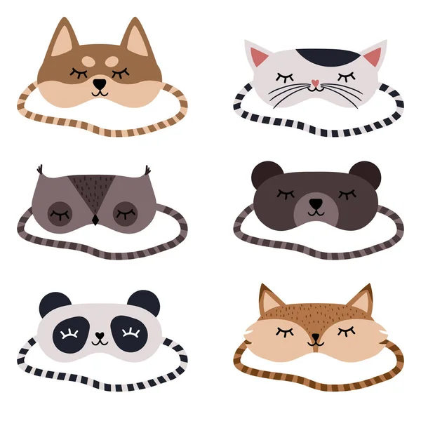 Uyku maskesi simgeleri vektörü ayarlandı. Uyuyan insanlar için göz maskesi, düz semboller koleksiyonu. Hayvanlı uyku maskesi tabelası. Kedi, Köpek, Baykuş, Tilki, Ayı, Panda. EPS 10 biçimi