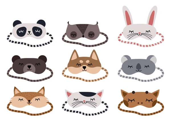 Uyku maskesi simgeleri vektörü ayarlandı. Uyuyan insanlar için göz maskesi, düz semboller koleksiyonu. Hayvanlarla dolu uyku maskesi tabelası. Zürafa, Koala, Tavşan, Tavşan, Kedi, Köpek, Baykuş, Tilki, Ayı, Panda. EPS 10 biçimi