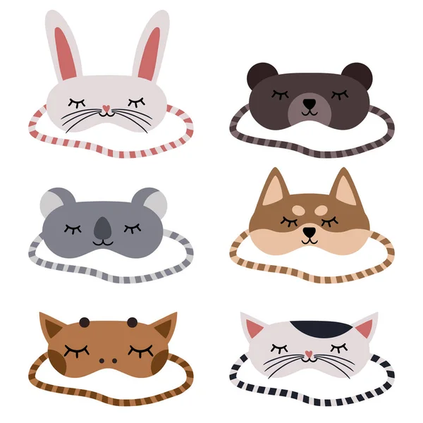 Uyku maskesi simgeleri vektörü ayarlandı. Uyuyan insanlar için göz maskesi, düz semboller koleksiyonu. Hayvanlarla dolu uyku maskesi tabelası. Zürafa, Koala, Tavşan, Tavşan, Kedi, Köpek, Ayı. 