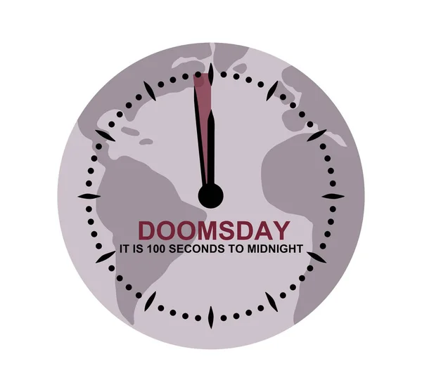 Kıyamet günü saati dünya haritasında gece yarısına kadar 100 saniye gösteriyor. Küresel felakete, felakete ve kıyamete geri sayım. Vektör illüstrasyonu EPS10 biçimi