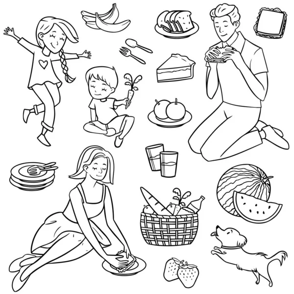 Ebeveynler, çocuklar ve yiyecek elementleriyle aile piknik hattı oluşturuldu