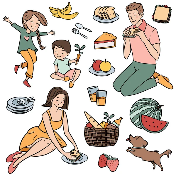 Ebeveynler, çocuklar ve yiyecek elementleriyle aile pikniği.