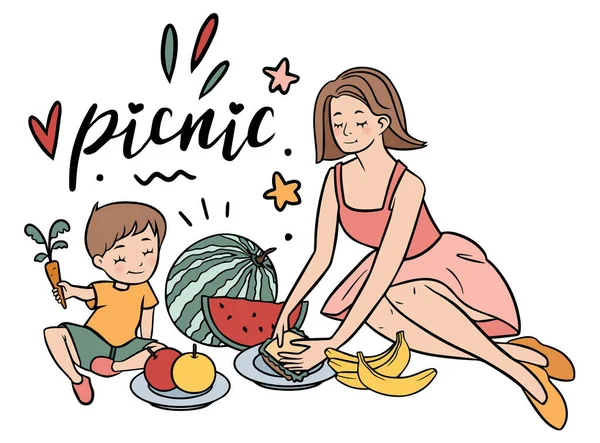 Mamá Con Hijo Haciendo Picnic Con Frutas Sándwiches — Vector de stock