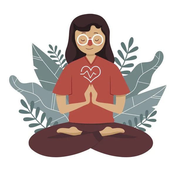 Woman in glasses and red t-shirt meditating in nature and leaves. Concept illustration for yoga, meditation, relax, recreation, healthy lifestyle. Cute vector illustration in flat cartoon style. EPS10
