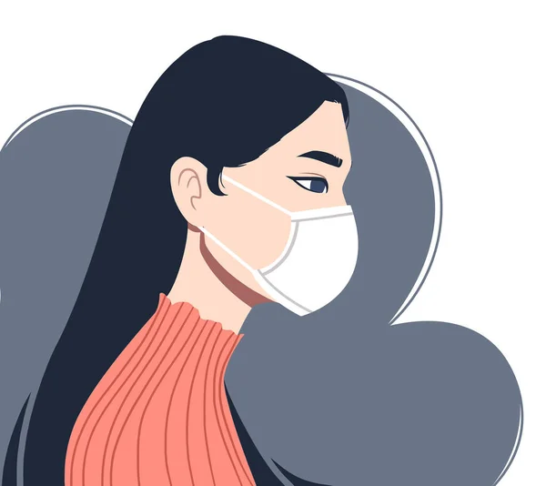 Hava kirliliğine karşı korunmak için tek kullanımlık tıbbi maske takan Asyalı bir kadın. Virüsün yayılmasını engellemek için. Suni teneffüs yapmasını engellemek için. COVID-19 karantina. Düz vektör illüstrasyonu