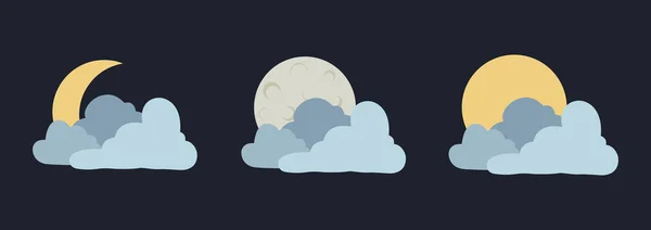 Karanlık gece düz ikon sembolü gökyüzü, bulutlar, güneş, dolunay ve hilal. Vektör İllüstrasyonu. EPS 10 biçimi
