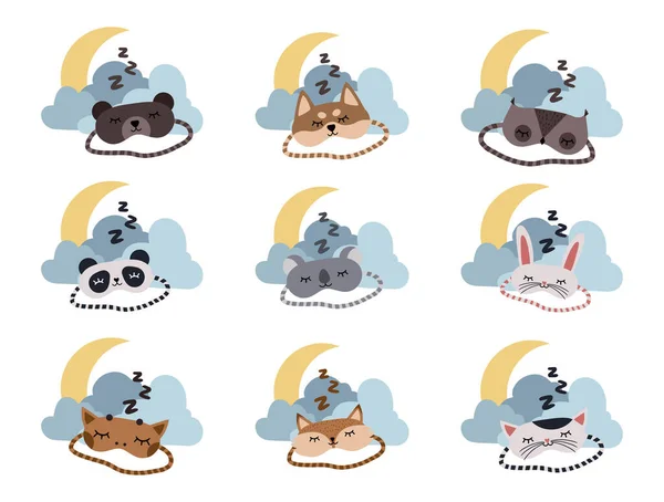 Uyku maskesi simgeleri zzz vektörü ayarlandı. Uyumak için göz maskesi, hayvanların, bulutların ve ayın olduğu düz semboller. Zürafa, Koala, Tavşan, Kedi, Köpek, Baykuş, Tilki, Ayı, Panda. EPS 10 biçimi
