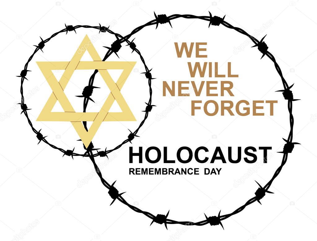 January 27 memorial day. World War II Remembrance Day. Yellow Star of David used Ghetto and Concentration Camps and victims hands silhouettes.