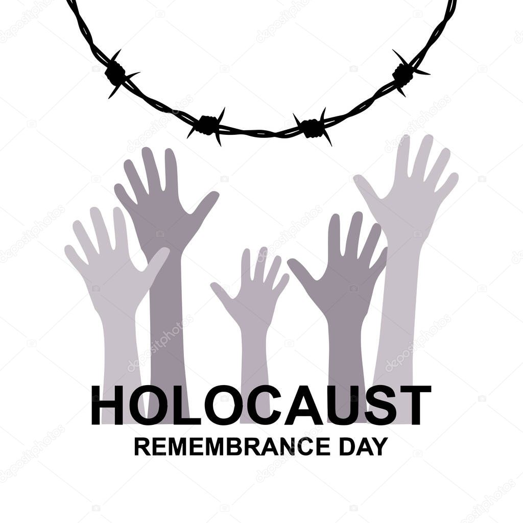 January 27 memorial day. World War II Remembrance Day. Ghetto and Concentration Camps, barbed wire and victims hands silhouettes.