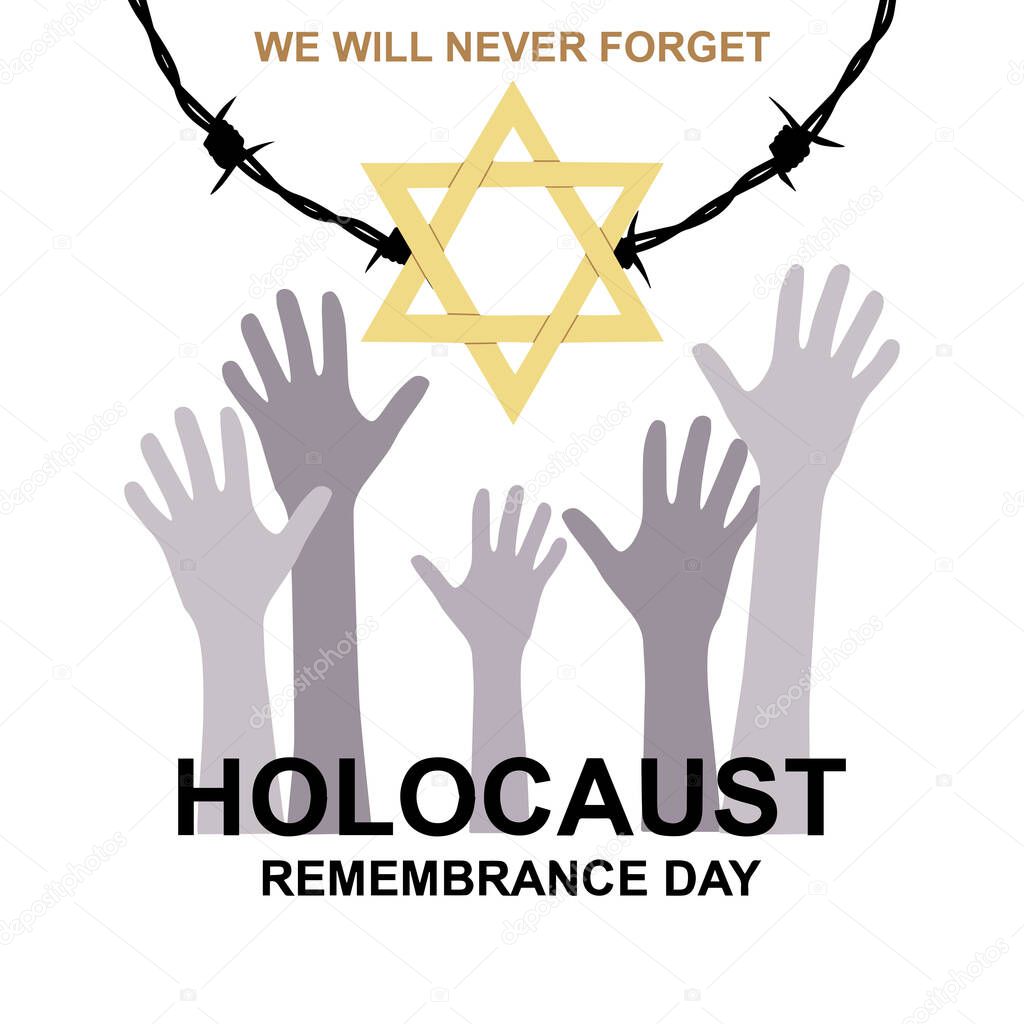 January 27 memorial day. World War II Remembrance Day. Yellow Star of David used Ghetto and Concentration Camps, barbed wire and victims hands silhouettes.