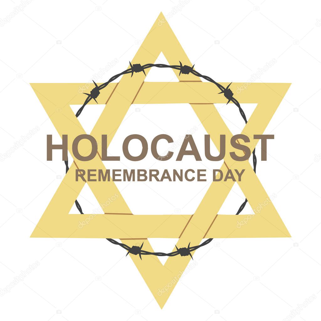 January 27 memorial day. World War II Remembrance Day. Yellow Star of David used Ghetto and Concentration Camps, barbed wire