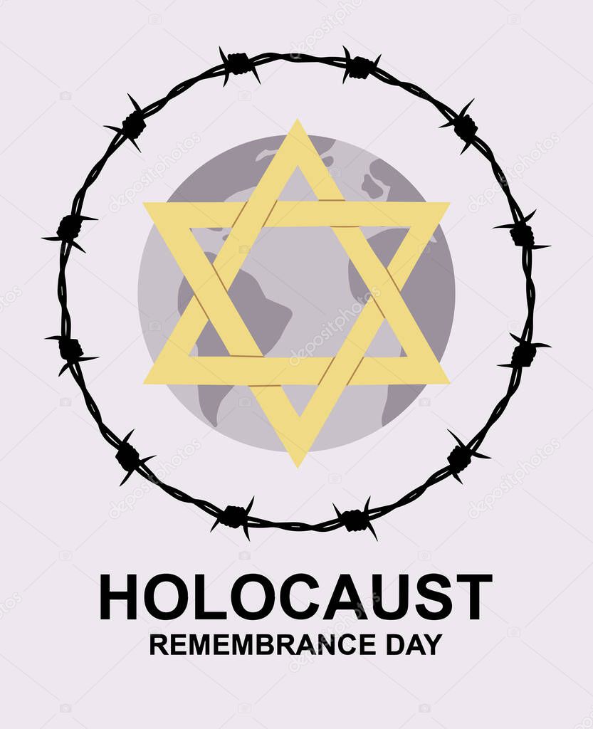 January 27 memorial day. World War II Remembrance Day. Yellow Star of David used Ghetto and Concentration Camps, barbed wire and Earth planet