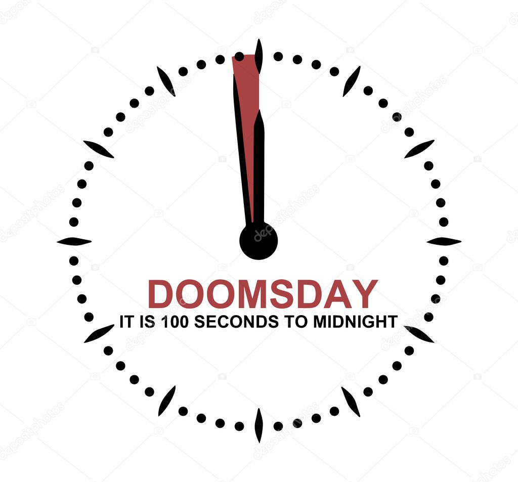 Doomsday clock showing 100 seconds to midnight. Countdown to global disaster, catastrophe and apocalypse. Vector illustration EPS10 format