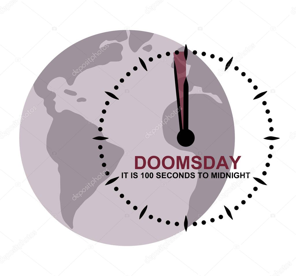 Doomsday clock showing 100 seconds to midnight over map globe. Countdown to global disaster, catastrophe and apocalypse. Vector illustration EPS 10 format
