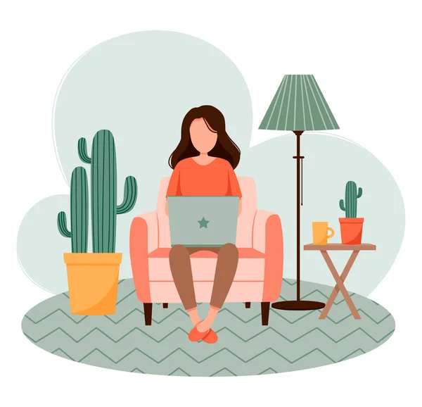 Ev işi kavramı, dizüstü bilgisayarı olan bir kız sandalyede oturuyor. Evden çalışan bir kadın. Serbest meslek ya da öğrenim, öğrenci ya da serbest meslek. Düz şekilli şirin vektör çizimi. EPS 10 biçimi
