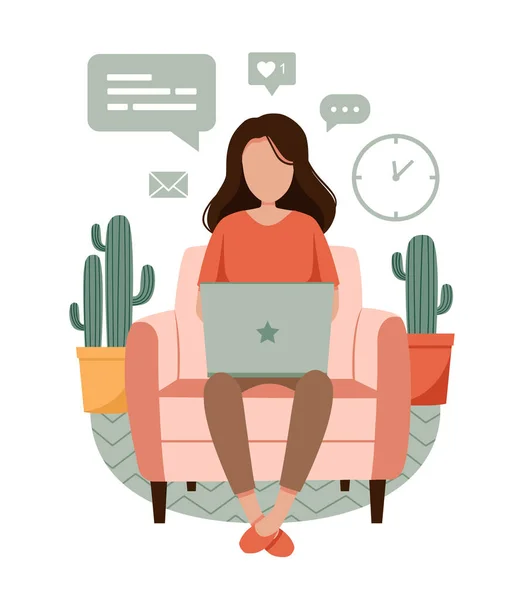 Ev işi kavramı, dizüstü bilgisayarı olan bir kız sandalyede oturuyor. Evden çalışan bir kadın. Serbest meslek ya da öğrenim, öğrenci ya da serbest meslek. Düz şekilli şirin vektör çizimi. EPS 10 biçimi