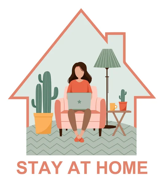 Dizüstü bilgisayarı sandalyede olan kadın. Serbest çalışmak ya da evde kalmak. Evde çalışan genç bir kız. Koronavirüsten kendini izole etme kalkanı. Karantina sırasında evden uzak bir çalışma. Düz vektör posteri