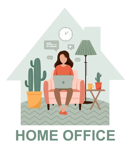 Dizüstü bilgisayarı sandalyede olan kadın. Serbest çalışmak ya da evde kalmak. Evde çalışan genç bir kız. Koronavirüsten kendini izole etme kalkanı. Karantina sırasında evden uzak bir çalışma. Düz vektör posteri