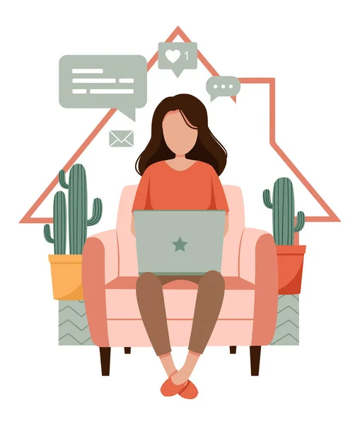 Ev işi kavramı, dizüstü bilgisayarı olan bir kız sandalyede oturuyor. Evden çalışan bir kadın. Serbest meslek ya da öğrenim, öğrenci ya da serbest meslek. Düz şekilli şirin vektör çizimi. EPS 10 biçimi