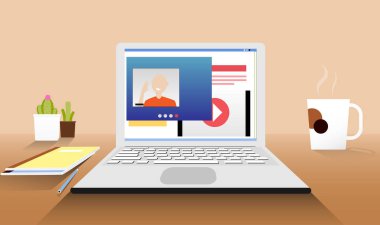 Göz Seviyesi Perspektif Laptop Uzaktan İşleyen Konsept Vektör İllüstrasyonu