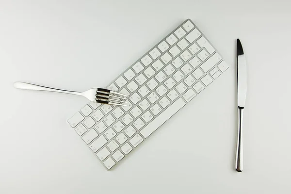 Teclado Com Faca Garfo Comer Conteúdo Netiqueta — Fotografia de Stock