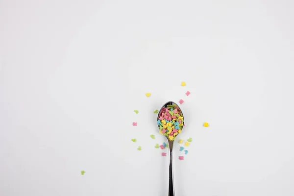 Multi Colored Sweets Iron Spoon White Background Stok Gambar