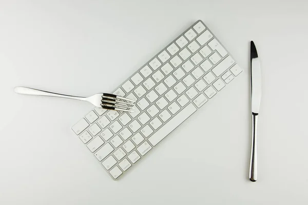 Teclado Internacional Com Faca Garfo Consumo Conteúdo Netiqueta — Fotografia de Stock