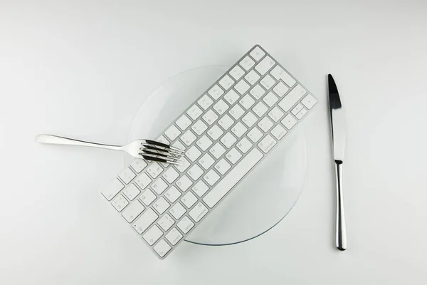 Teclado Internacional Plato Con Cuchillo Tenedor Consumo Contenido Netiqueta — Foto de Stock