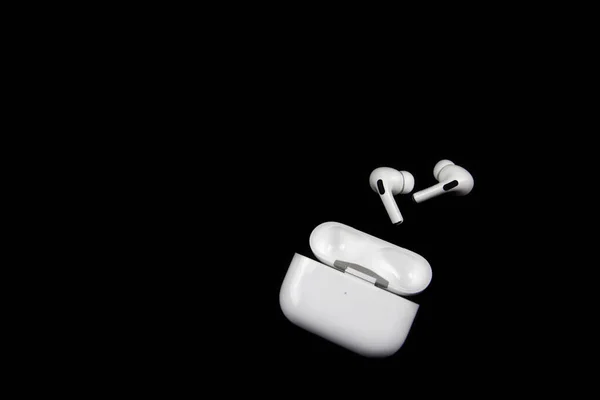 Wireless White Earphones Black Background — Stock Photo, Image