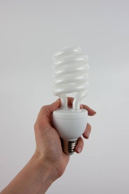 Beyaz arka planda beyaz enerji tasarrufu ampulü. Mekanın ışıklandırması.