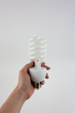 Beyaz arka planda beyaz enerji tasarrufu ampulü. Mekanın ışıklandırması.