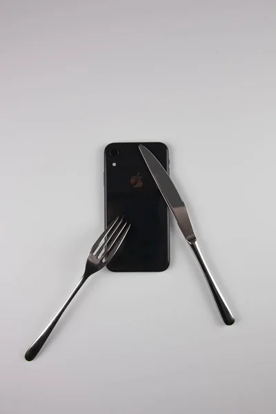 Iron Fork Knife Phone White Background Culture Information Consumption Phone — Stock Photo, Image