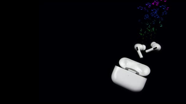 Разноцветные Ноты Белых Наушников Черном Фоне Музыкальная Презентация Заставка Рекламных — стоковое видео
