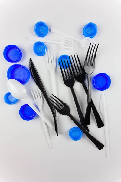 Produtos Plástico Garfos Facas Rolhas Plástico Para Apresentação Reciclagem Resíduos — Fotografia de Stock