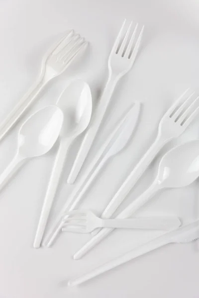 Produtos Plástico Utensílios Alimentação Plástico Branco Para Apresentação Reciclagem Resíduos — Fotografia de Stock