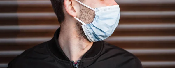 Close Banner View Young Man Wearing Protective Medical Mask Coronavirus — Stock Photo, Image