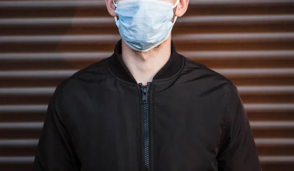 Close Banner View Young Man Wearing Protective Medical Mask Coronavirus — Stock Photo, Image